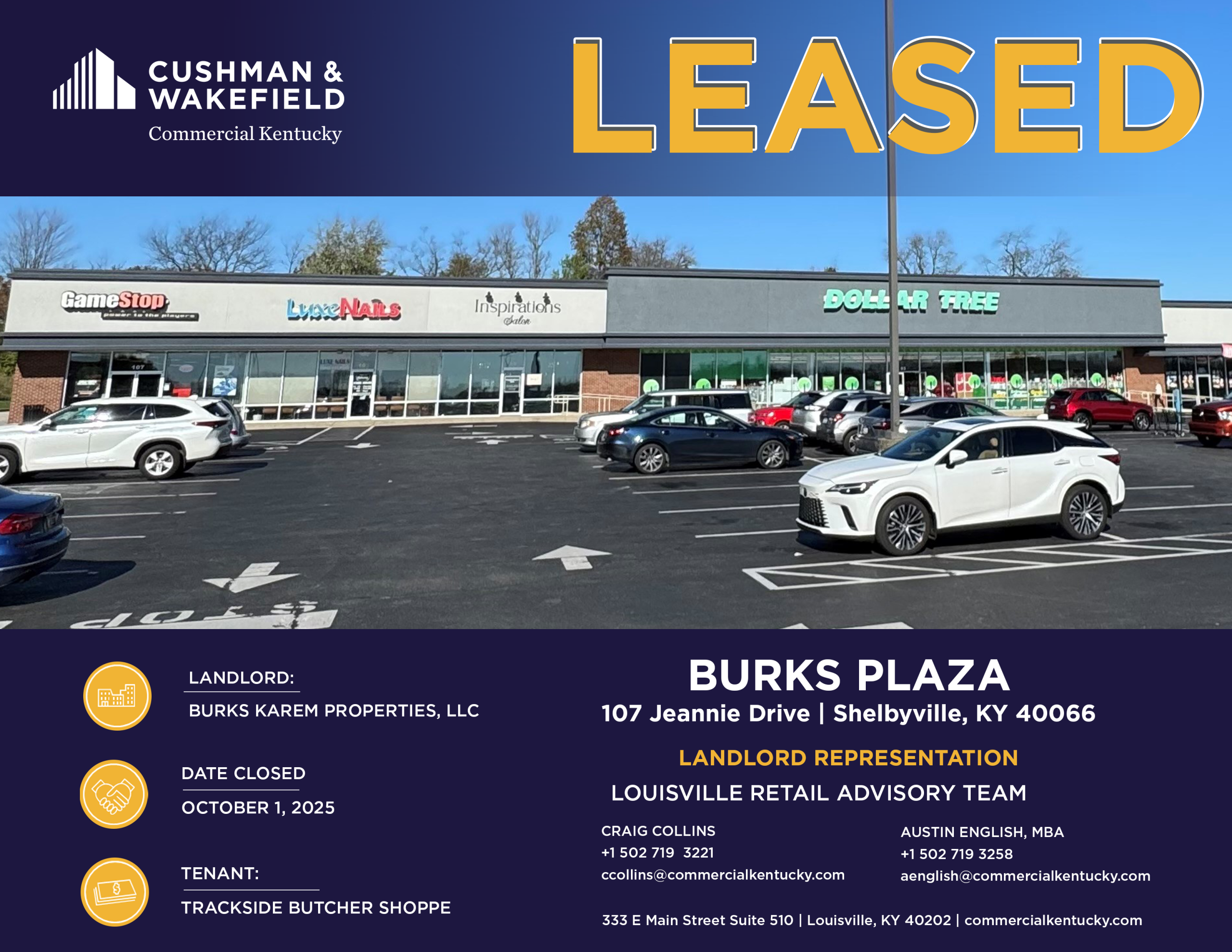 Parking lot view of Burks Plaza, featuring other shops. Large "Leased" text above, with leasing details below by Commercial Kentucky.