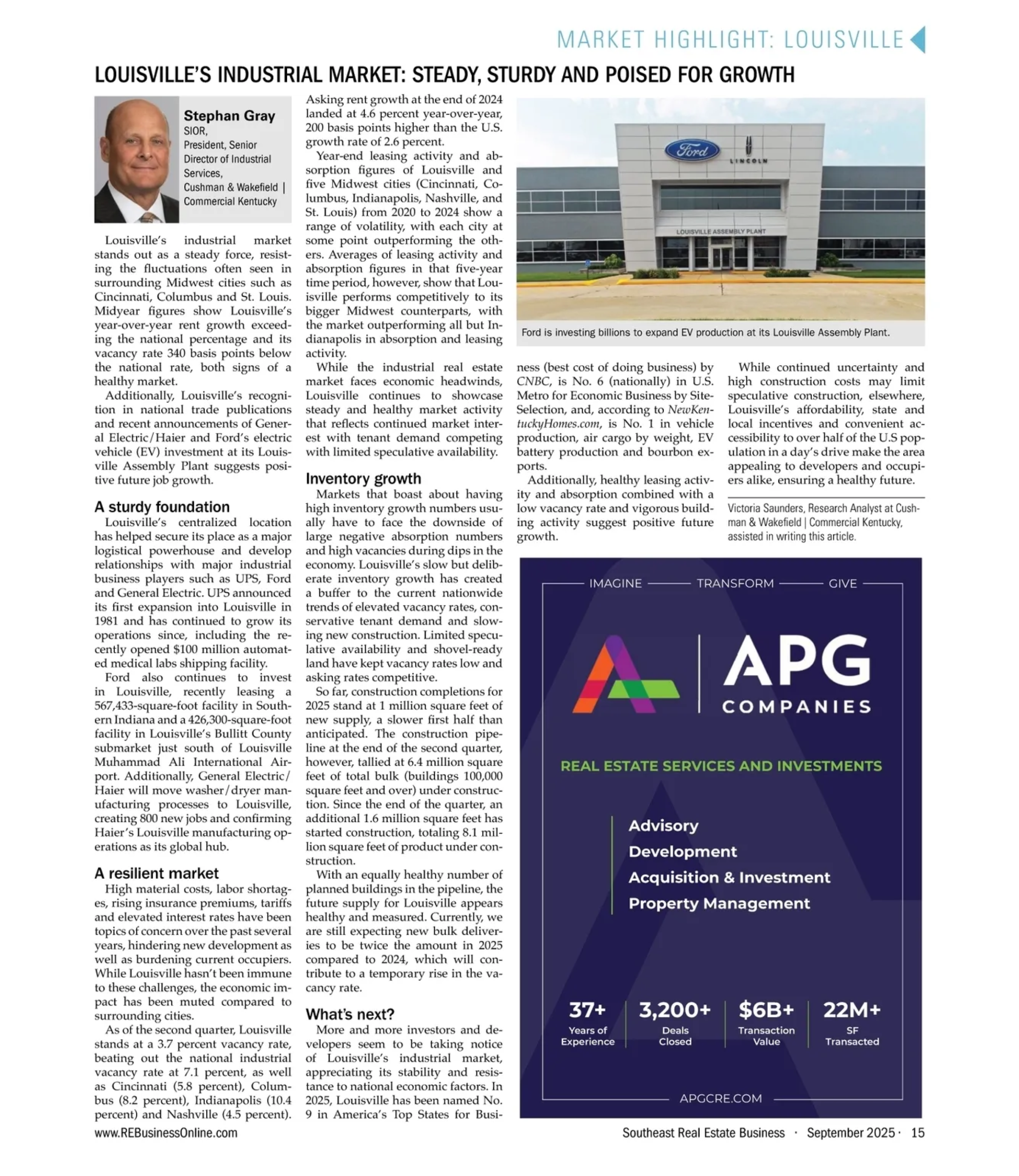 Magazine page titled 'Market Highlight: Louisville' featuring an article about Louisville’s industrial market growth. Includes a picture of a Ford building with a caption about EV production investments. The left column has a headshot and bio of Stephan Gray, a real estate expert. The bottom right displays an ad for APG Companies offering real estate services. The tone is informative and optimistic, focusing on stability and growth in Louisville's market.